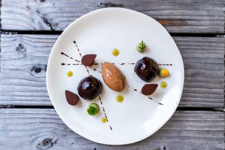 Baba au chocolat, crème aux herbes du jardin, sorbet chocolat